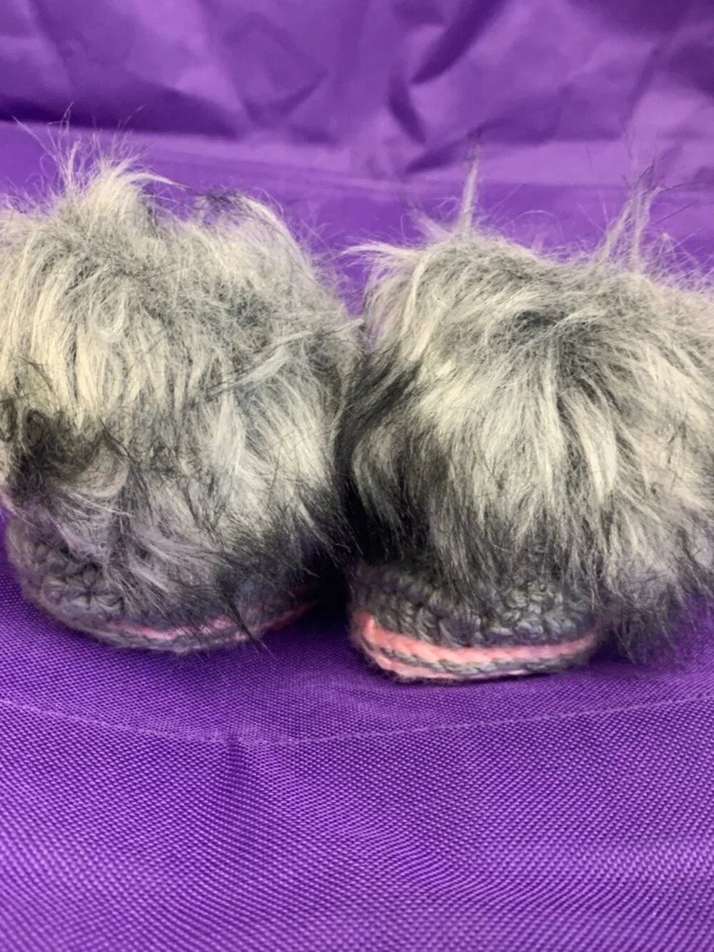 SHOES - Handmade crochet Baby girl Gray & pink faux fur booties Newborn